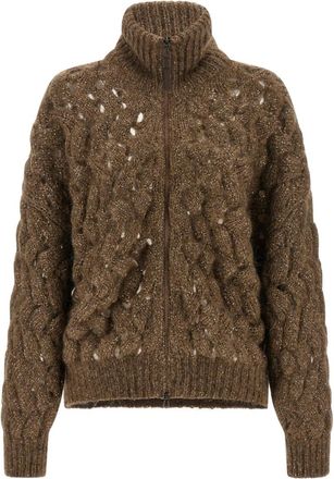 Brunello Cucinelli Brown Knitted Mock Collar Cardigan