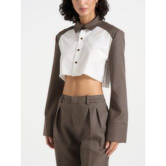 Mani&egrave;re De Voir Bernadette Houndstooth Contrast Cropped Shirt in Brown at Nordstrom, Size 12