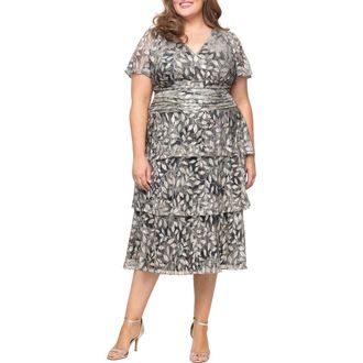 S.L. Fashions Metallic Tiered Surplice Neck Midi Dress in Black Gold at Nordstrom, Size 16W