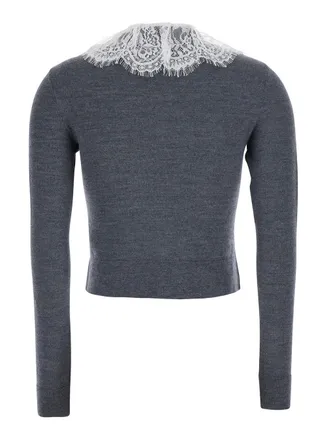Self Portrait Lace-Collar Wool Cardigan - Gray