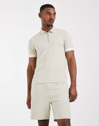 Capo Coordinato beige chiaro testurizzato con polo con colletto, zip e nastro-Neutro