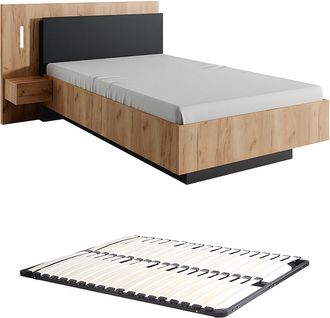 Vente-Unique Cama con mesitas de noche 120 x 200 cm - 2 cajones - Con LEDs - Color: Natural y antracita + Somier - FRANCOLI