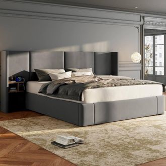 Merax Grey King Velvet Ottoman Bed with USB Winged Headboard & Nightstands