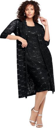 Roaman's Plus Size 3/4 Sleeve Formal Duster Sequin Embellished Lace Dress Set in Black at Nordstrom, Size 30