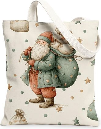 Generic Christmas Santa Canvas Tote Bags, Festive Holiday Print Reusable Grocery Bags, Vintage Style Lightweight Washable Shoulder Strap Canvas for Shopping T