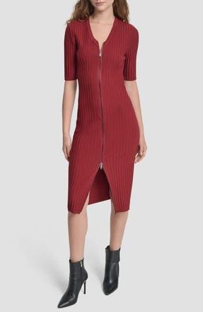 DKNY Ribbed Front Zip Sweater Dress in Merlot at Nordstrom Rack, Size X-Large