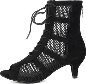 Miyoopark Dance Practice Shoes for Women Mesh Ballroom Sandals Party Prom Ankle Booties L446 Black Suede 5.5cm Heel UK 4.5