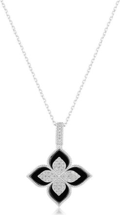 Suzy Levian Pavé Cubic Zirconia & Enamel Flower Pendant Necklace in Black at Nordstrom Rack, Size 18
