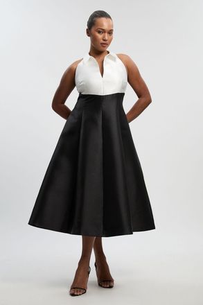 Karen Millen Womens Plus Size Twill Contrast Tux Tailored Full Skirted Shirt Dress - Monochrome Multi - Size 24 UK