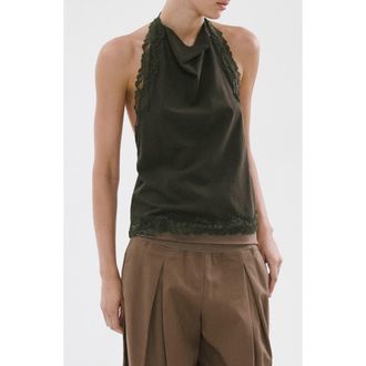 Mango Kristen Draped Lace Detail Cotton Halter Top in Khaki Green at Nordstrom, Size X-Large