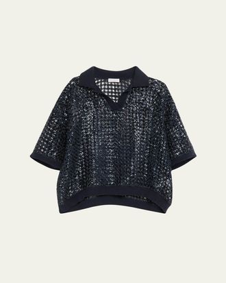 Brunello Cucinelli Vienna Paillette Net Polo Sweater