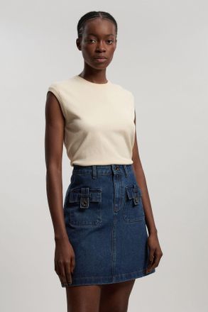 Karen Millen Womens Petite Denim Button Front Midi Skirt - Blue Cotton - Size 14 UK