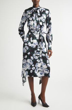 Stella McCartney Bunch of Roses Long Sleeve Tie Neck Dress in Black Multi at Nordstrom, Size 10 Us