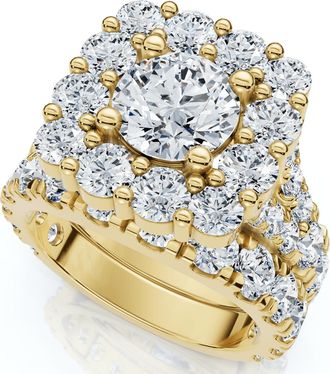 Pompeii3 5Ct Cushion Halo Split Ring Diamond Engagement Set in White Yellow Rose Gold