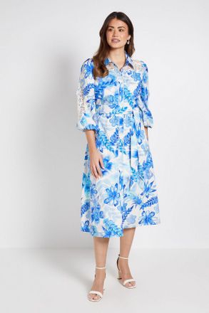 Wallis Womens Floral Cotton Cutwork Detail Shirt Dress - Blue - Size 14 UK