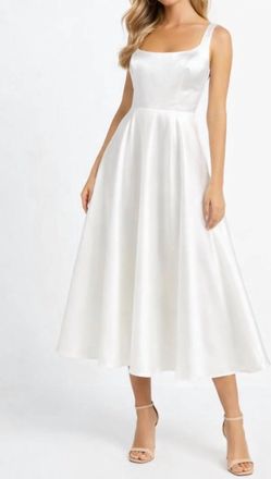 Mac Duggal Satin Tea Length A-Line Dress In White