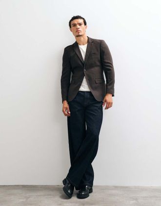 Selected Blazer slim in misto lana marrone in coordinato