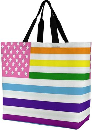 Generic LGBTQ Flag U.S. Flag Large Reusable Shopping Bag Lightweight Foldable Tote Bags Washable Shoulder Handbag