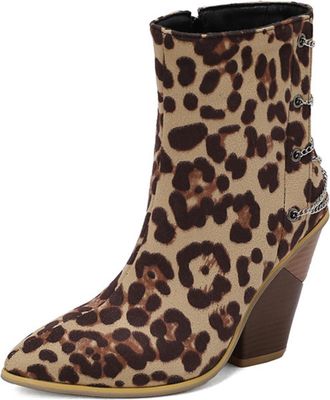 Generic Womens Pointed Toe Short Boots Faux Suede Ankle Boots with Side Zipper Block High Heel Booties with Metal Chain,Leopard Print,3.5 UK