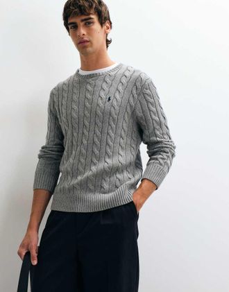 Polo Ralph Lauren felpa in cotone a trecce con logo icon, grigio m&eacute;lange