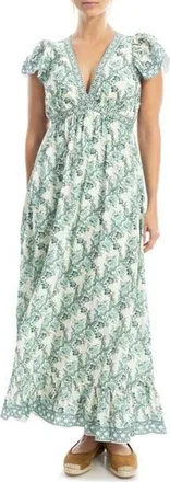 Max Studio Floral Flutter Sleeve Maxi Dress in Cream/Green/Blue Floral at Nordstrom Rack, Size X-Large