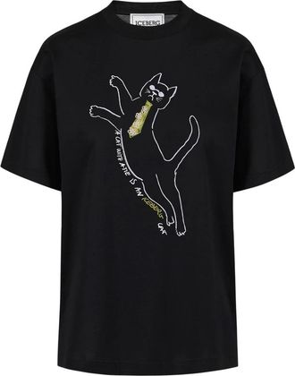 Iceberg T-shirt met geborduurde kattenprint - Dames - T-shirts - Zwart - M - Katoen - Tops