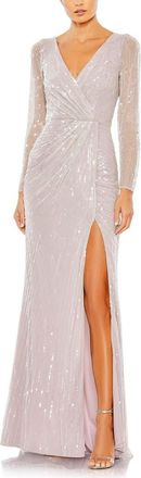 Mac Duggal Sequined Faux Wrap Long Sleeve Gown in Lavender at Nordstrom, Size 16