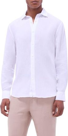 Bugatchi Axel Shaped Fit Linen Button-Up Shirt in White at Nordstrom, Size Xxx-Large