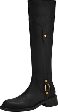 Generic Womens Cow Split Leather Round Toe Medium Heels Riding Boots Winter Shoes Zip Rivets Knee-High Boots