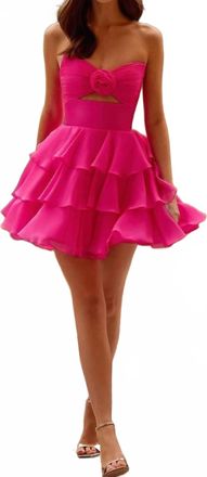 Sherri Hill Strapless Sweetheart Chiffon Short Dress In Bright Fuchsia