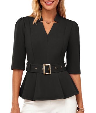 Grace Karin Women 3/4 Sleeve Wrap Blouse Casual V Neck Peplum Shirts Elegant Slim Fit Office Work Tops with Belt Black XL