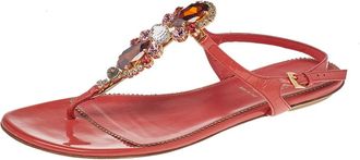 Loriblu Orange Patent Leather Crystal Embellished Ankle Strap Flat Sandals
