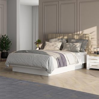Dmora Cama Doble Byron, Dimensi&oacute;n Del Colch&oacute;n 180x200 Cm, Cabecera Acolchada, Tapizada, Blanco