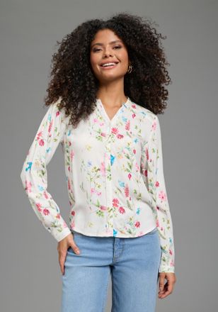 AJC Hemdbluse AJC, Damen, Gr. 32, gebl&uuml;mt, Web, Obermaterial: 100% Viskose, gebl&uuml;mt, figurumspielend, V-Ausschnitt, mit Riegel 1-Knopf-Manschette, Blusen 