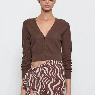 Enza Costa Linen Open Knit Cropped V Neck Cardigan In Chocolate