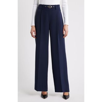 Elie Tahari The Oakley Belt Detail High Waist Wide Leg Twill Pants in Navy at Nordstrom Rack, Size 14