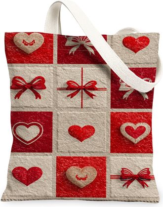 Generic ValentineS Day Heart Canvas Tote Bags, Romantic Love Pattern Reusable Grocery Bags, Lightweight Washable Shoulder Strap Ca, Red, 13x15 Inch