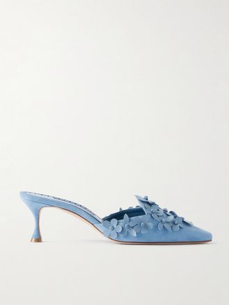 Manolo Blahnik Mule In Camoscio Con Fiori Harnes 50 - Blu