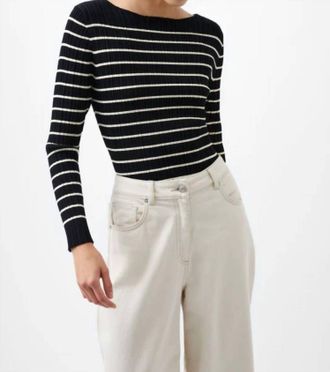 French Connection Stripe Crinkle Knit Top In Black/classic Cream
