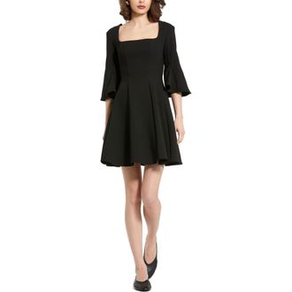 Mac Duggal Crepe Square Neck 3/4 Sleeve Godet Mini Dress in Black at Nordstrom, Size 12