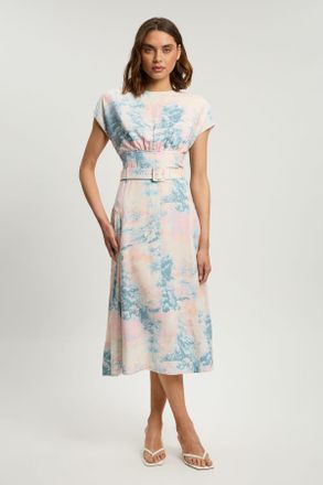 Karen Millen Womens Scenic Print Contrast Topstitch Belted Midi Dress - Pink Viscose - Size 16 UK