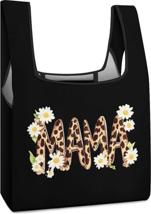 Generic Mama Leopard Daisy Flower Reusable Shopping Bags Lightweight Foldable Grocery Bag Polyester Washable Tote Bag