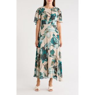 Calvin Klein Floral Cape Sleeve Chiffon Maxi Dress in Sequoia Multi at Nordstrom Rack, Size 14