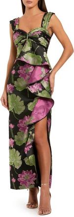 Mac Duggal Brocade Cap Sleeve Ruffle Ankle Dress in Black Multi at Nordstrom, Size 10