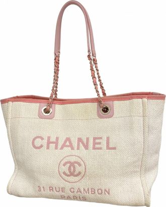 Chanel Pink White Raffia Tote Bag (Pre-Owned)