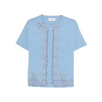 Ermanno Scervino T-Shirts, female, Blue, Size: M Lace-trim Embroidered T-shirt