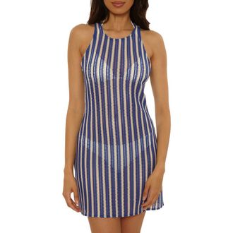 BECCA by Rebecca Virtue Cabo Stripe Sheer Cover-Up Minidress in Lapis/Tan at Nordstrom, Size Medium