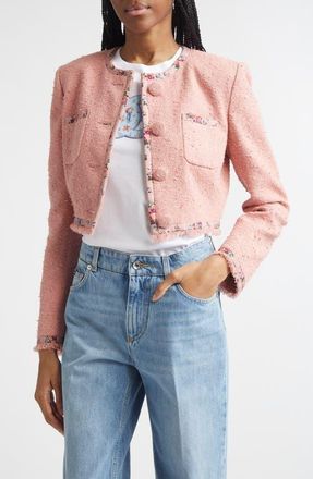 Dolce & Gabbana Floral Trim Crop Tweed Jacket in Rosa Polvere Scuro at Nordstrom, Size 10 Us
