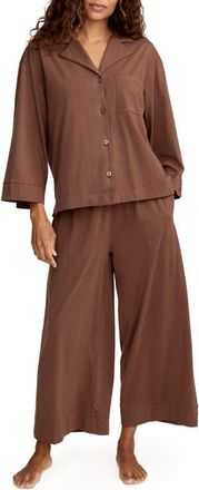 Petite Plume Olivia Wide Leg Pima Cotton Pajamas in Brown at Nordstrom, Size X-Large