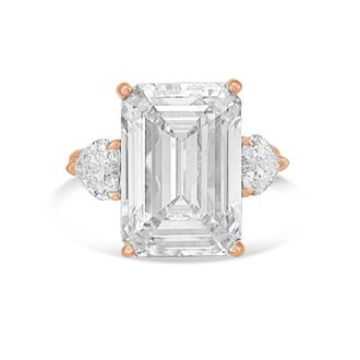 Diana M. Jewels 18kt Rose gold Lab grown 12ct Emerald diamond ring with heart diamonds on the side and micropave band